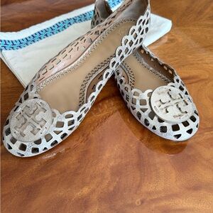 Tory Burch Beige / gold Cutout Flats with a storage bag